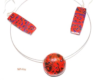 Halskette kurz Choker Halsreif Ohrringe Set orange blau silber Swarovski Steinchen glitzernd Unikat Handarbeit  FARBTUPFER Polymer Clay