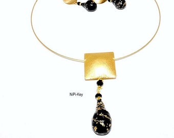 Halskette kurz Ohrstecker strahlend gold schwarz Handarbeit Unikat Polymer Clay mit Swarovski Perlen CIAOESTATE