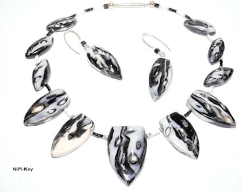 Halskette schwarz weiß silber kurze Collierkette Ohrringe Set Handarbeit Unikat EMMA aus Polymer Clay, Fimo