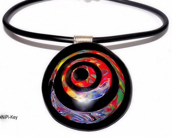 Chain dreamlike short necklace pendant choker colorful black silver handmade unique COLORFUL CIRCLES made of polymer clay, polymer clay
