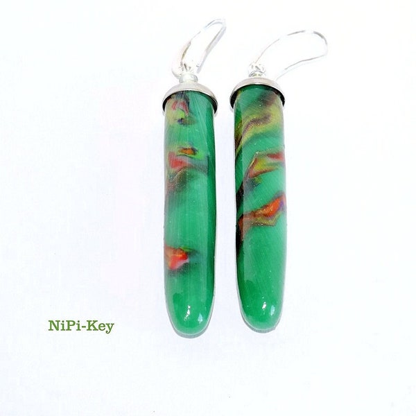 Earrings slightly transparent green silver long hanging earrings STRONGGREEN made of polymer clay, polymer clay
