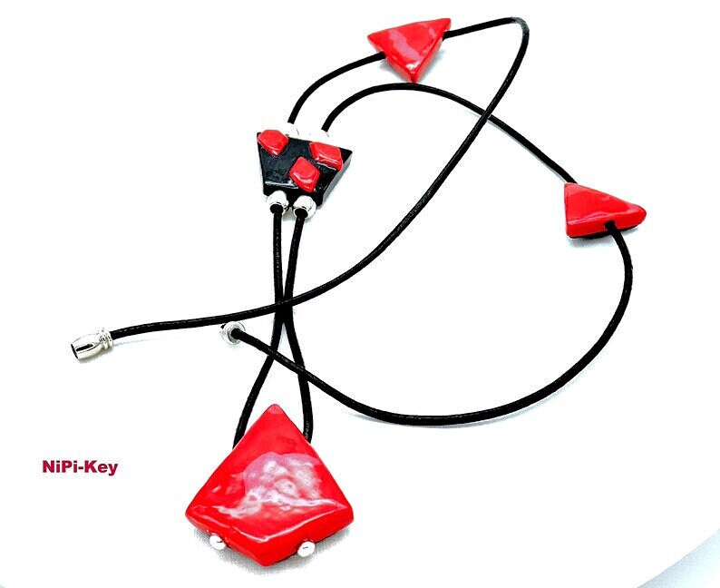 Necklace very long shiny red black for layered look handmade unique from polymer clay GEO