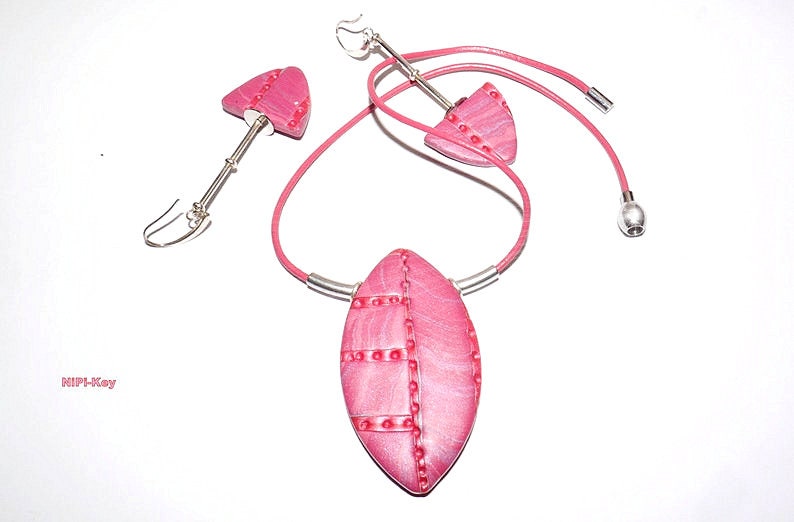 Kette leichte kurze Halskette Ohrringe lang Set pink silber schimmernd Handarbeit Unikat ROSENROT aus Polymer Clay, Fimo Bild 1