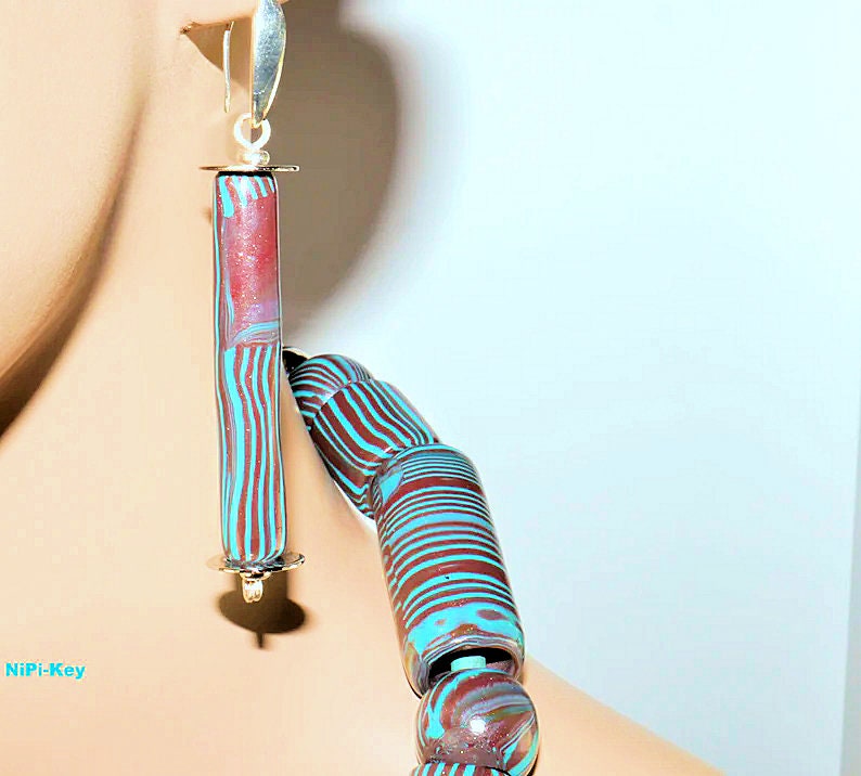 Chain elegant short necklace earrings set turquoise copper silver unique handmade TURKEYSTRIPES made of polymer clay, polymer clay image 3