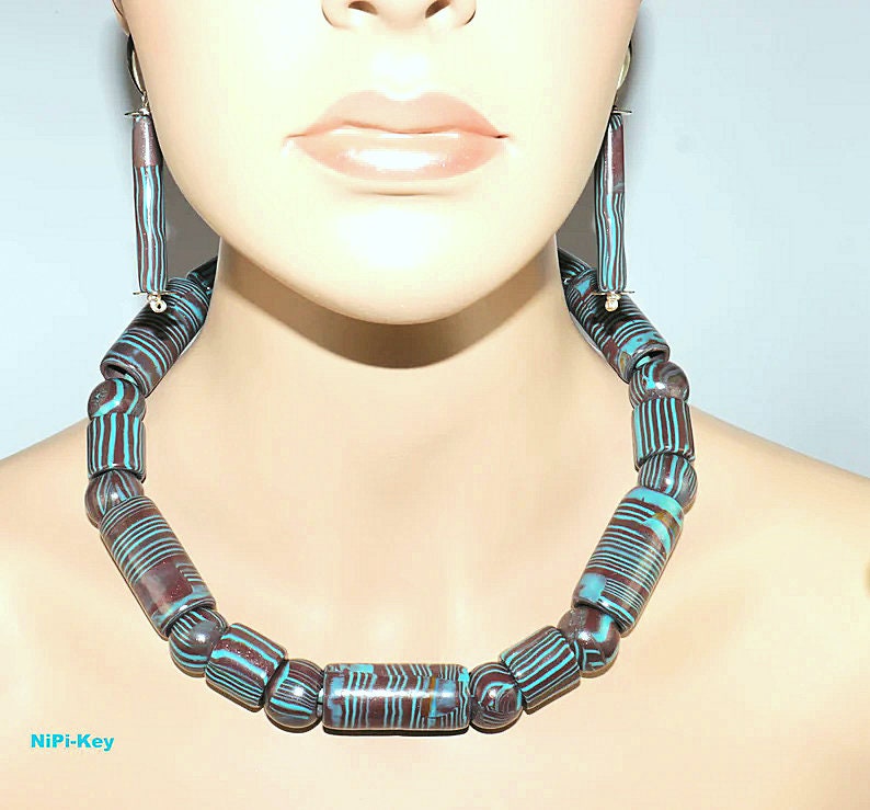 Chain elegant short necklace earrings set turquoise copper silver unique handmade TURKEYSTRIPES made of polymer clay, polymer clay image 2