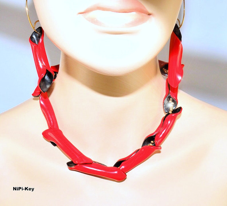 Kette wunderschöne kurze Halskette rot schwarz gold Ohrringe Set KLEINEHEXE Handarbeit Unikat aus Polymer Clay, Fimo Bild 2