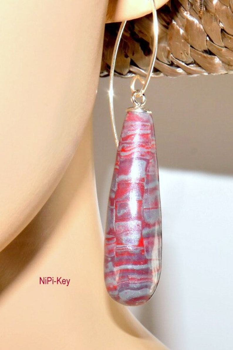 Earrings dark red silver iridescent long hanging earrings unique handmade ALLDAYS made of polymer clay, polymer clay image 4