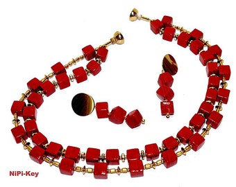Halskette kurz zweireihig herrliches rot gold Ohrstecker Set Würfel Handarbeit Unikat PERFEKTESROT Set aus Polymer Clay
