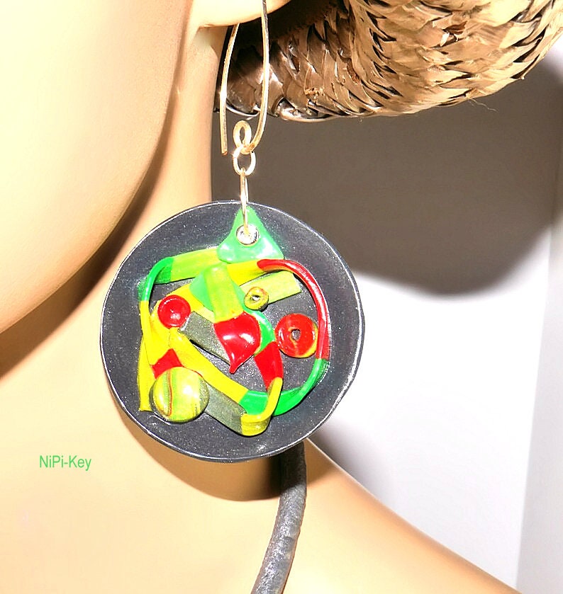 Chain short choker large colorful pendant colorful gray earrings set handmade unique LABYRINTH made of polymer clay, fimo image 3