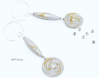 Long sparkling earrings silver gold SPARKLE DISC made of polymer clay, polymer clay