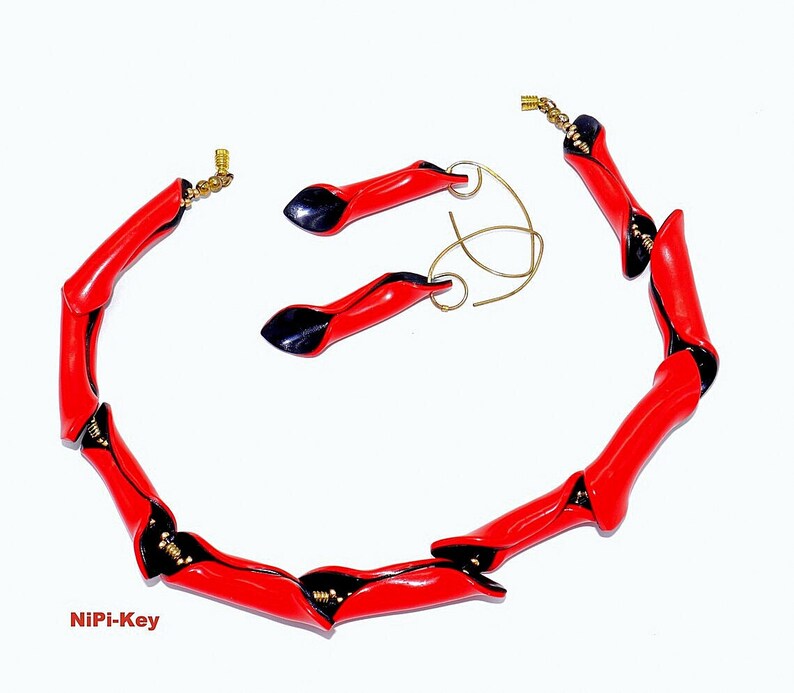 Kette wunderschöne kurze Halskette rot schwarz gold Ohrringe Set KLEINEHEXE Handarbeit Unikat aus Polymer Clay, Fimo Bild 1