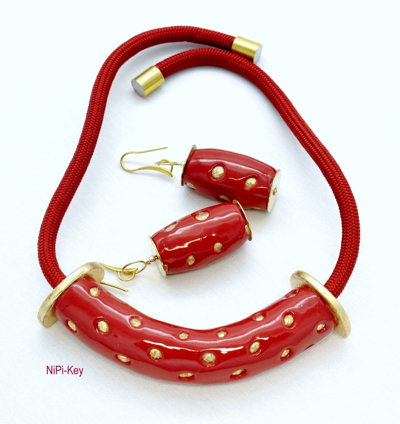 Halskette tolle kurze Collierkette Ohrringe rot gold glänzend Handarbeit Unikat GOODTIMES aus Polymer Clay, Fimo. Bild 1