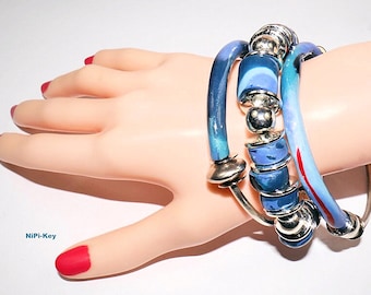 Armband flexibel sensationell schönes Armband dreireihig schimmernd tolle Blautöne NICETIME1 zum Set NICETIME Unikat Handarbeit Polymer Clay