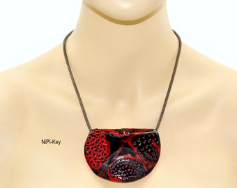 Medium length glittering necklace many Swarovski stones red black silver stunning beautiful handcraft unique APARTA made of polymer clay