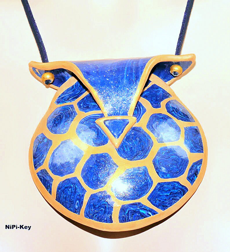 Kette halblange Halskette mit großen Anhänger Ohrringe Set blau gold ausgefallen Handarbeit Unikat aus PolymerClay STARPEACE Bild 4