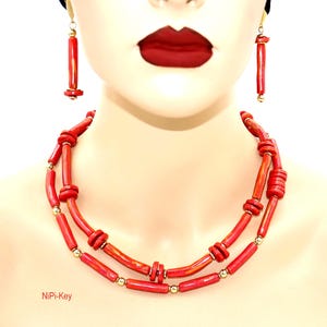 Korte, opvallende dubbele ketting met bijpassende oorbellen, glinsterend oranje goud, uniek handgemaakt stuk, HOT SUMMER, gemaakt van polymeerklei.