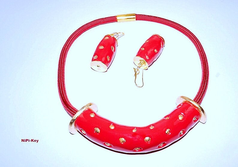 Halskette tolle kurze Collierkette Ohrringe rot gold glänzend Handarbeit Unikat GOODTIMES aus Polymer Clay, Fimo. Bild 4
