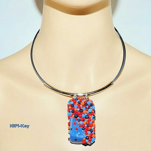 Necklace short necklace choker blue colorful silver bright colors handmade unique BUBBLE made of polymer clay, Fimo