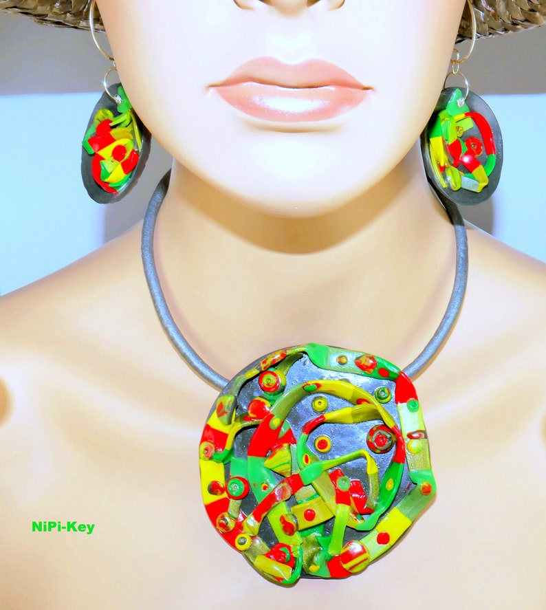 Chain short choker large colorful pendant colorful gray earrings set handmade unique LABYRINTH made of polymer clay, fimo image 2