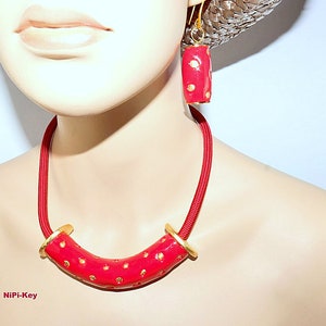 Halskette tolle kurze Collierkette Ohrringe rot gold glänzend Handarbeit Unikat GOODTIMES aus Polymer Clay, Fimo. Bild 2