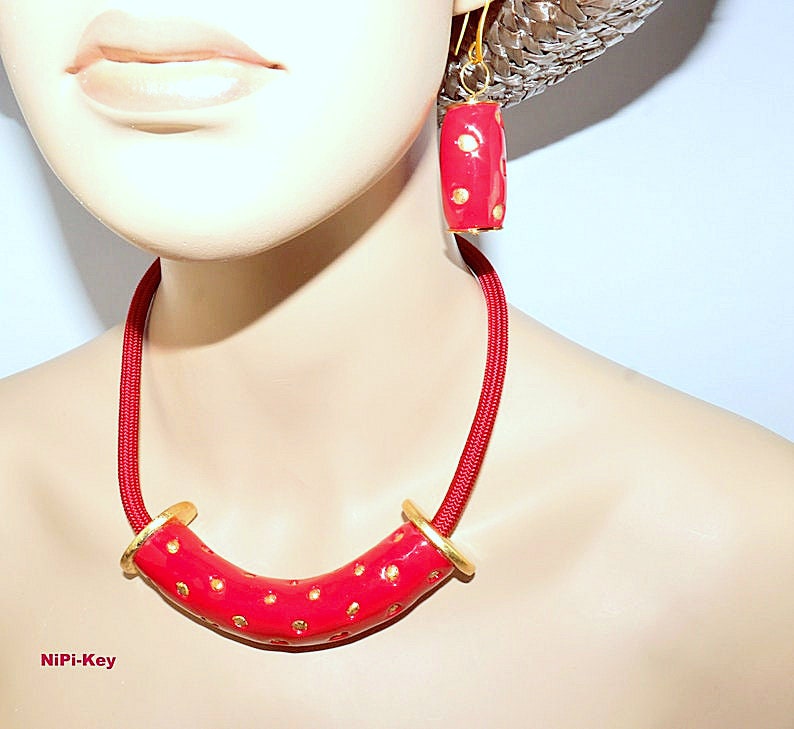 Halskette tolle kurze Collierkette Ohrringe rot gold glänzend Handarbeit Unikat GOODTIMES aus Polymer Clay, Fimo. Bild 2