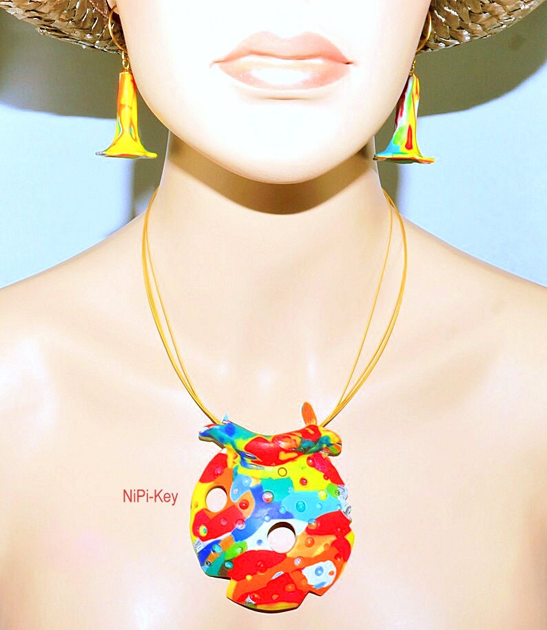 Necklace medium length colorful gold great earrings set handmade unique PLAYFUL DISC made of polymer clay, polymer clay, image 2