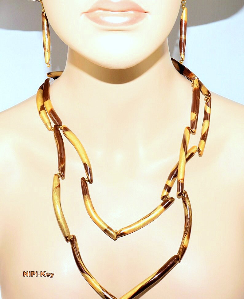 Chain eye-catching long necklace earrings set shimmering mocha brown gold handmade unique CONFUSED OIL made of polymer clay, polymer clay, image 2