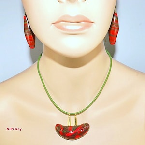 Necklace funny short chain earrings set red colorful gold handmade unique KIDNEY made of polymer clay, Fimo,
