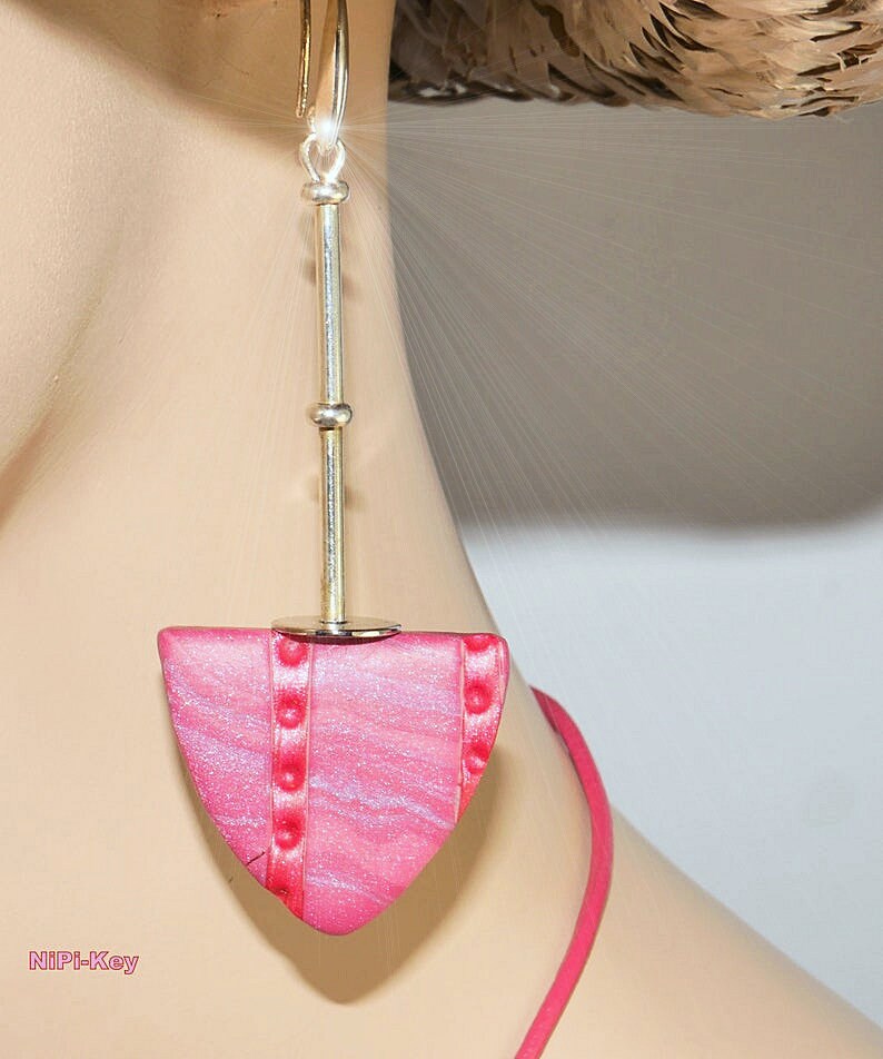 Kette leichte kurze Halskette Ohrringe lang Set pink silber schimmernd Handarbeit Unikat ROSENROT aus Polymer Clay, Fimo Bild 3