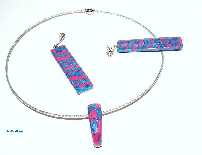 Kette zarte kurze Halskette Choker Halsreif Ohrstecker Set blau pink silber Unikat glitzernd Handarbeit GOODFEELING aus Polymer Clay, Fimo Bild 1