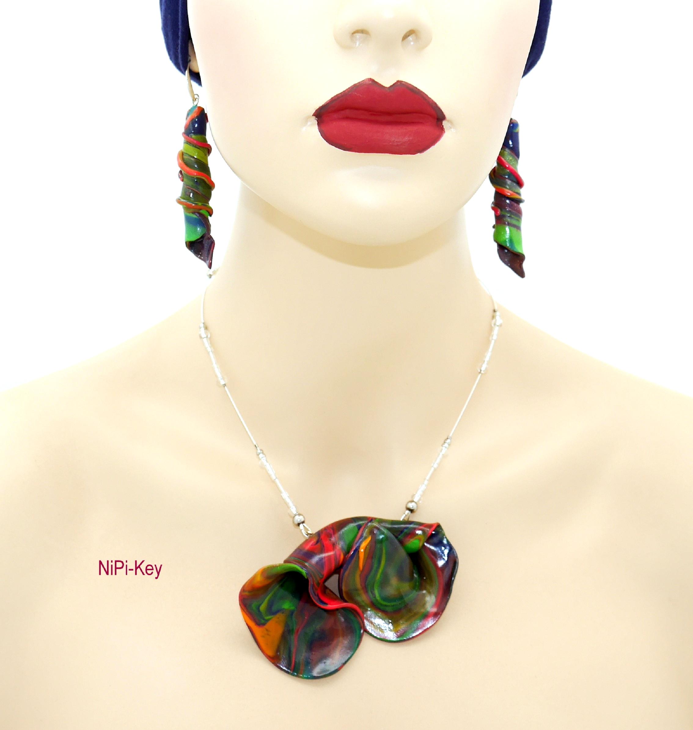 Fairytale necklace and earrings set colorful silver handmade unique MAGIC FOREST made of polymer clay