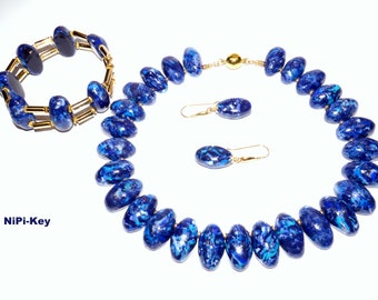 Necklace short earrings stunning gold blue shimmering necklace chain glittering gold particles in lapis look STAR DUST bracelet extra!!