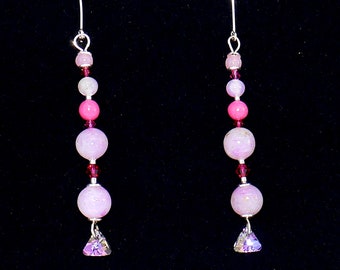 Glittering earrings Swarovski pearls pink silver made of polymer clay, clay translucent PINK24