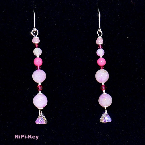 Glittering earrings Swarovski pearls pink silver made of polymer clay, clay translucent PINK24