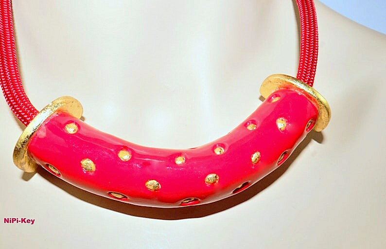 Halskette tolle kurze Collierkette Ohrringe rot gold glänzend Handarbeit Unikat GOODTIMES aus Polymer Clay, Fimo. Bild 3