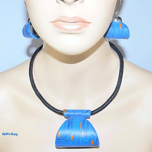 Necklace extraordinary short statement necklace choker earrings set blue orange silver handmade unique SHOPPING made of polymer clay, Fimo,