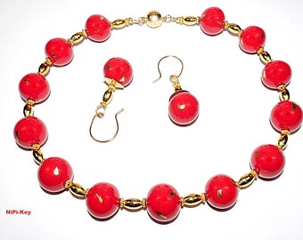 Halskette leuchtend rot gold kurz Hängeohrringe Set Handarbeit Unikat ZUMKUGELN aus Polymer Clay, Fimo