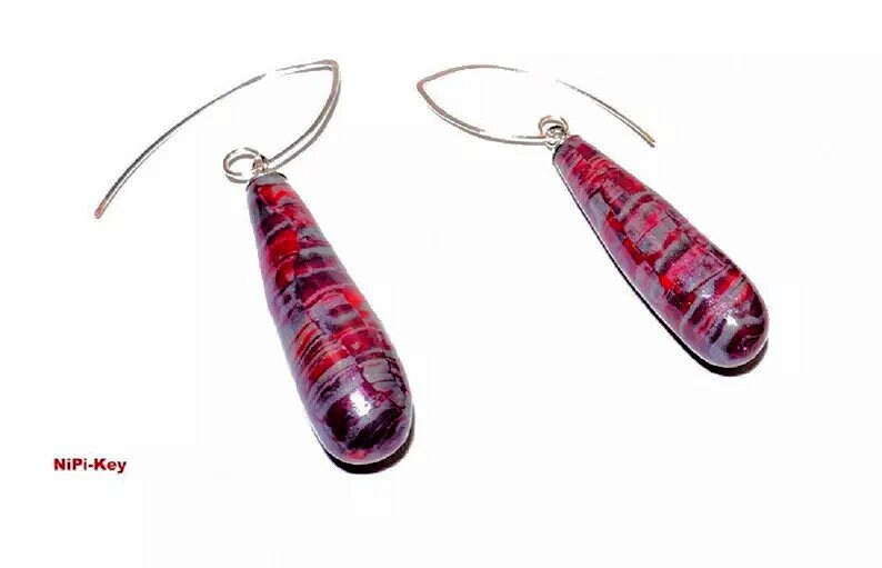 Earrings dark red silver iridescent long hanging earrings unique handmade ALLDAYS made of polymer clay, polymer clay image 1