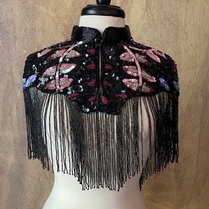 Black MULTI JEWEL Beaded & Sequin Long Glass Fringe Collar Shoulder Shrug Shawl Applique Wrap Western Rodeo