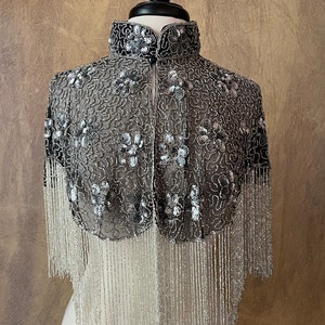 Silver on Black Mesh Sequin Glass Flower Beaded & Sequin Lace Collar Shoulder Shrug Shawl Applique Wrap Western Rodeo