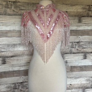LIGHT PINK  Chevron Fringe Sequin Glass Beaded & Sequin Collar Shoulder Shrug Shawl Applique Wrap Western Rodeo