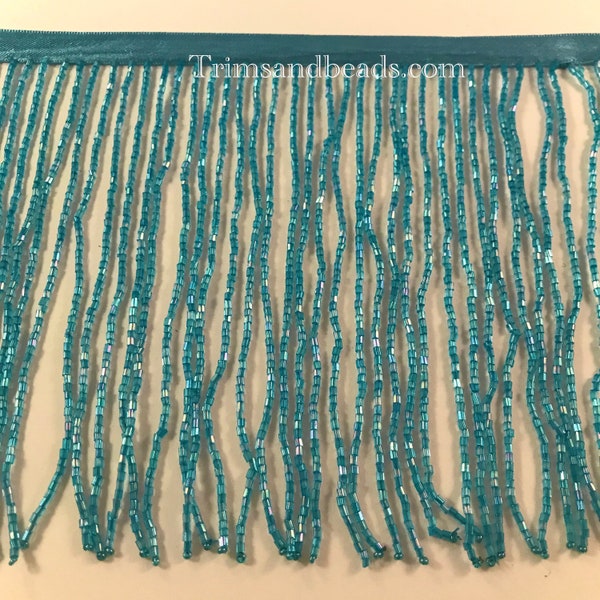 6" Iridescent Dark TURQUOISE Blue AB Glass BUGLE Bead Beaded Fringe Lamp Costume Trim