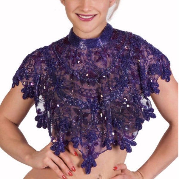 PURPLE Sequin Glass Beaded & Sequin FULL Wrap Lace Collar Shoulder Shrug Shawl Applique