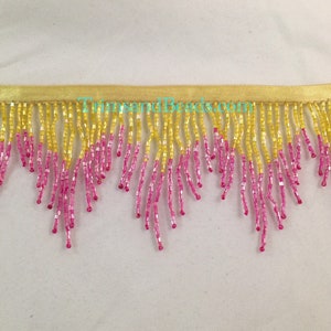 3" YELLOW/FUCHSIA Hot Pink Ombre Glass CHEVRON Bugle Bead Beaded Fringe Lamp Costume Trim Variegated