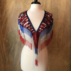 Patriotic Red, White, Blue Flag Sequin Glass Beaded Fringe & Sequin Lace Collar Shoulder Shrug Shawl Applique Wrap Bridal