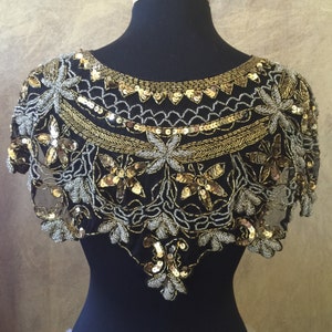 Sequin Glass Beaded & Sequin Lace Collar Shoulder Shrug Shawl Applique Gold Silver Black Vintage