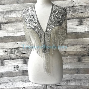 SILVER  Sequin Glass Rose Beaded & Sequin Lace Collar Shoulder Shrug Shawl Applique Wrap Bridal