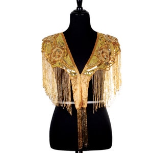 GOLD Sequin Glass Rose Beaded & Sequin Lace Collar Shoulder Shrug Shawl Applique Wrap Bridal