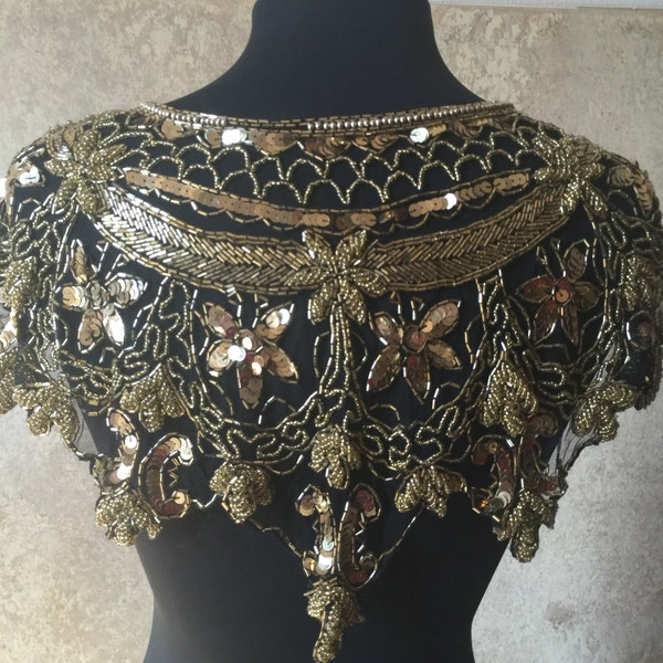 Sequin Glass Beaded & Sequin Wrap Lace Collar Shoulder Shrug Shawl Applique GOLD/BLACK Vintage Bridal