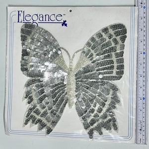 Large 10” Silver Glass Bugle Bead and Sequin Sew Butterfly Bodice applique